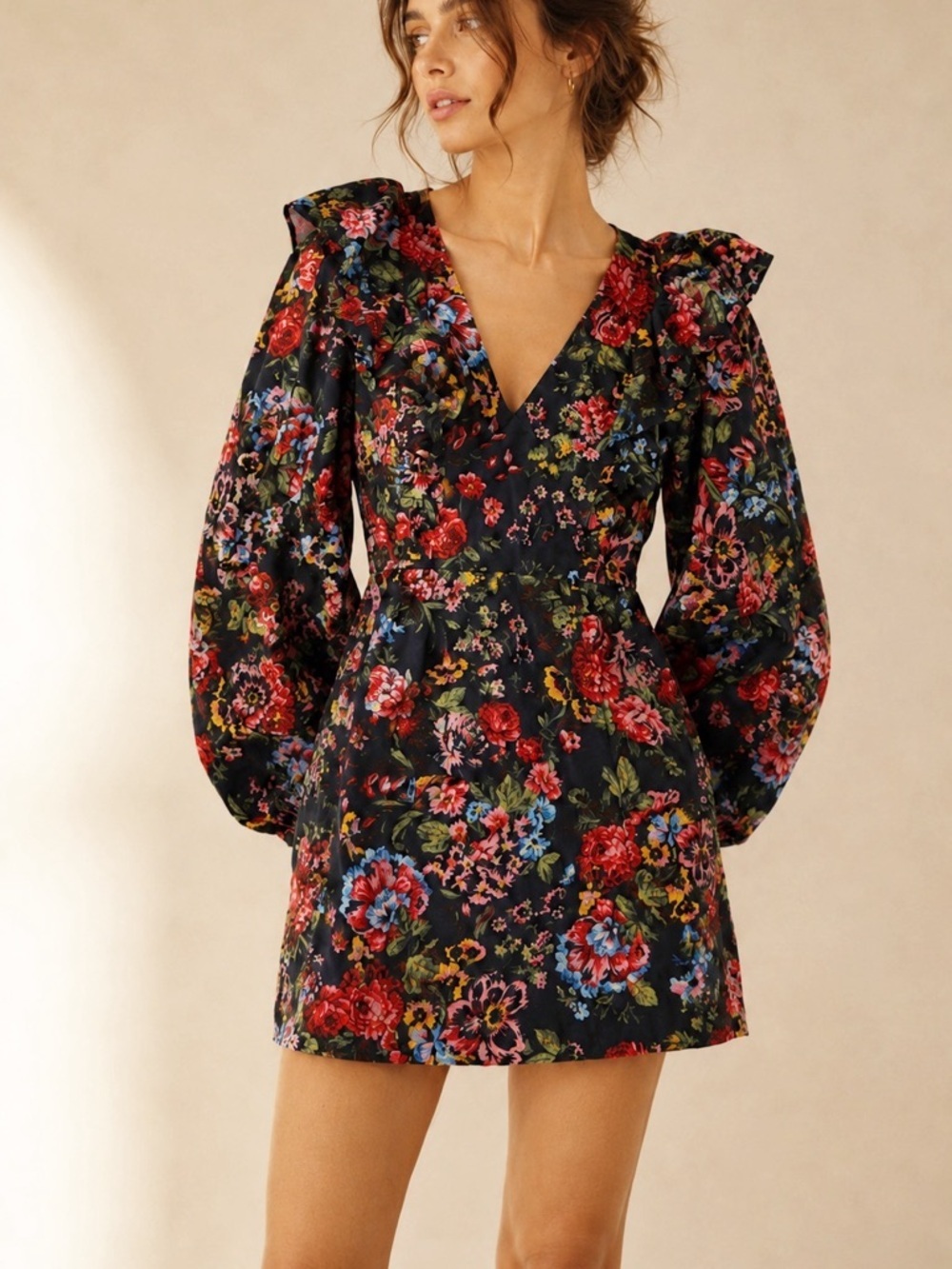 Missguided Navy Floral Ruffle Puff Sleeve Mini Dress